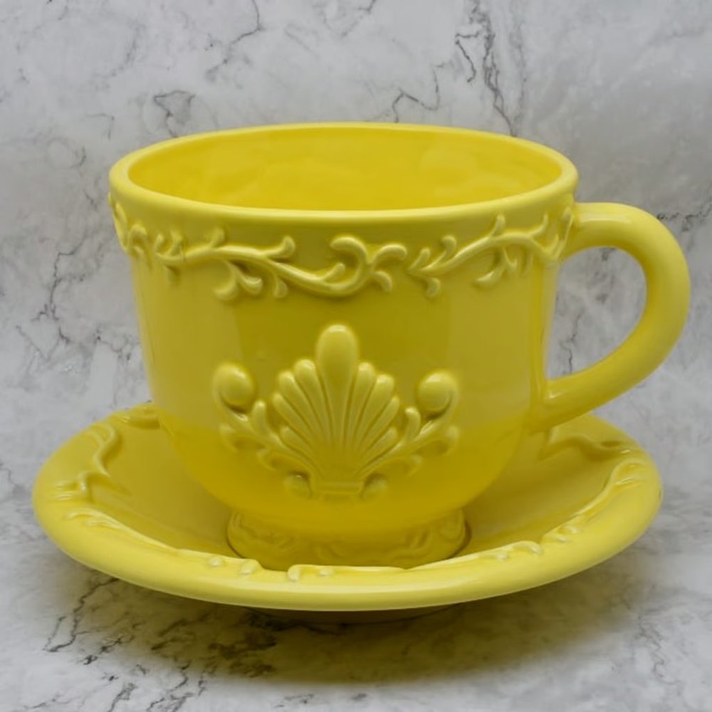 Planter - Oversized Ceramic Cup and Saucer, Yellow, 8" diameter